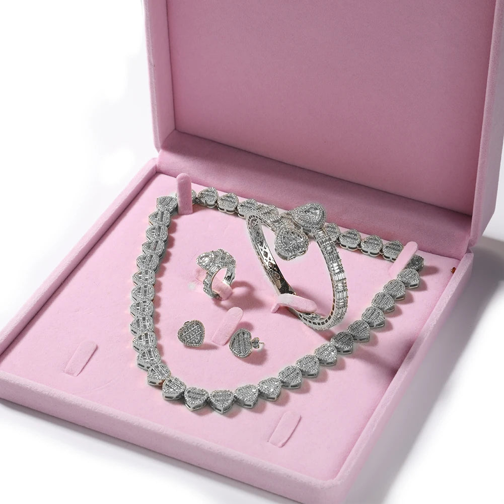 THE BLING KING Baguettecz Heart Jewelry Set Full Iced Cubic Zirconia Love Style Collections Earring Ring Necklace Jewelry Set