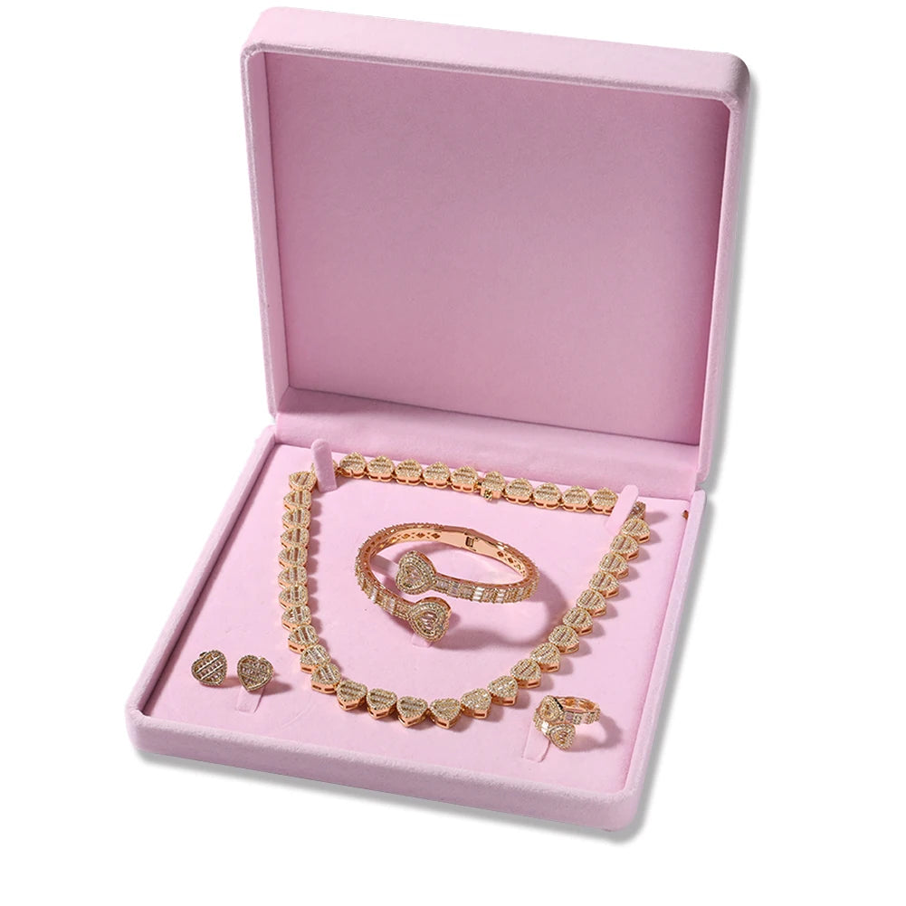 THE BLING KING Baguettecz Heart Jewelry Set Full Iced Cubic Zirconia Love Style Collections Earring Ring Necklace Jewelry Set