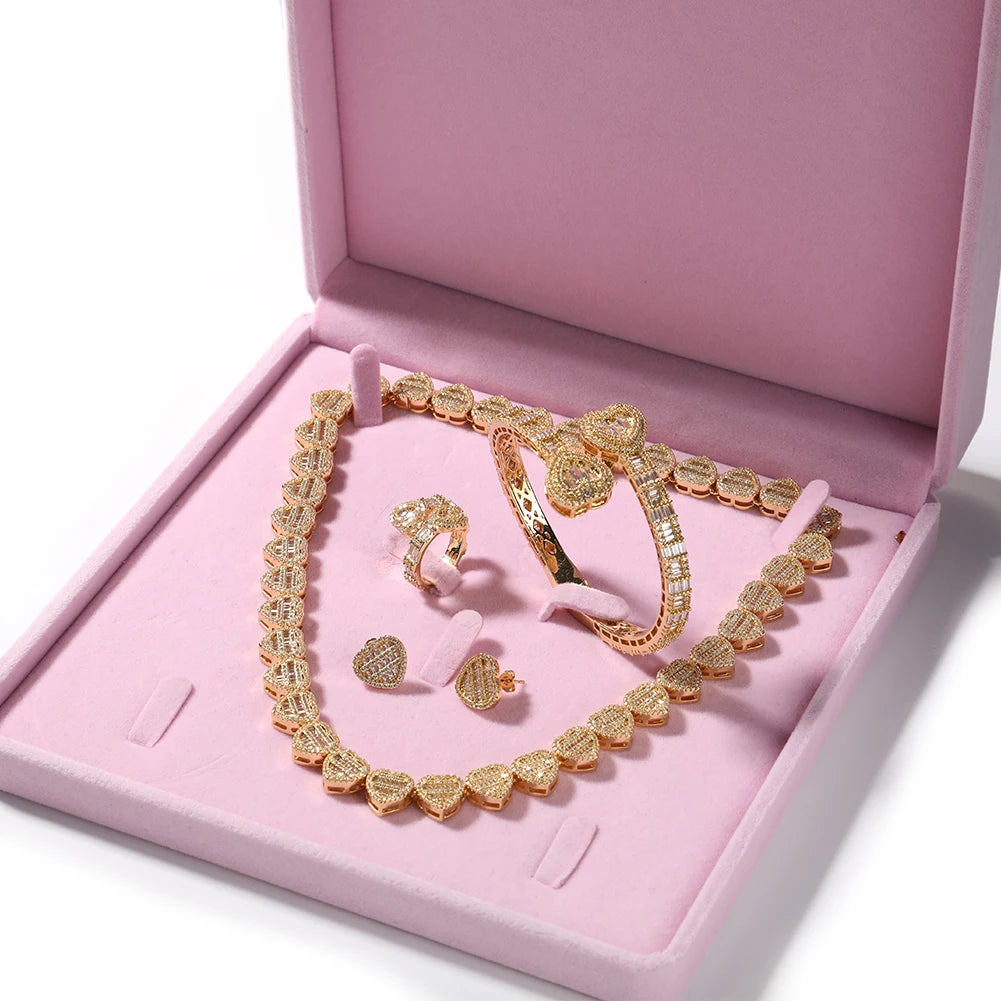 THE BLING KING Baguettecz Heart Jewelry Set Full Iced Cubic Zirconia Love Style Collections Earring Ring Necklace Jewelry Set