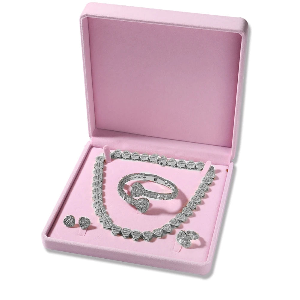 THE BLING KING Baguettecz Heart Jewelry Set Full Iced Cubic Zirconia Love Style Collections Earring Ring Necklace Jewelry Set