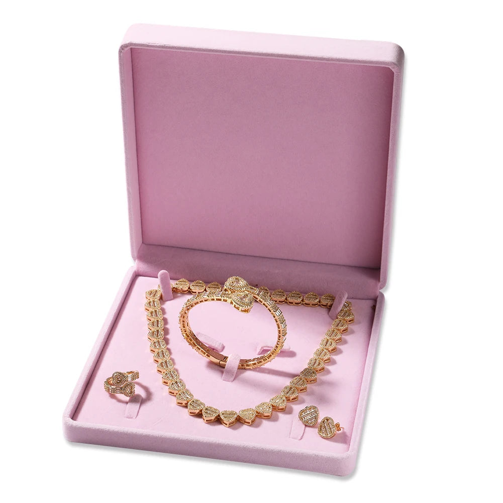 THE BLING KING Baguettecz Heart Jewelry Set Full Iced Cubic Zirconia Love Style Collections Earring Ring Necklace Jewelry Set