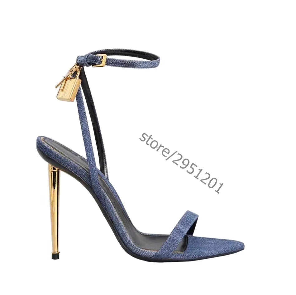 Sharp Pointed Gold Lock Strappy High Heel Sandals Celebrity Shoes Demin Evening Sandal Jean Women Sandalias Femininas