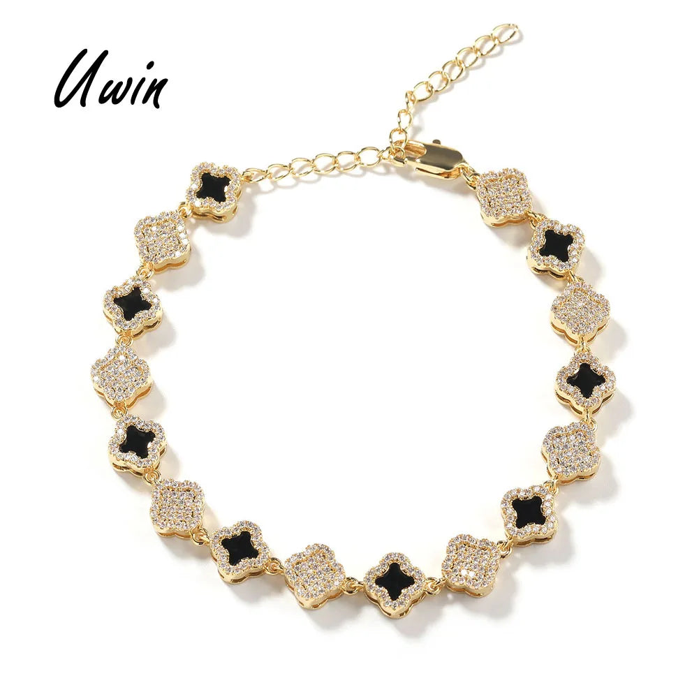 UWIN Full Iced Out CZ 4 Leaf Clover Bracelet Designer Adjustable Black Clover CZ Bracelet for Women Wholesale In Stock Jewelry