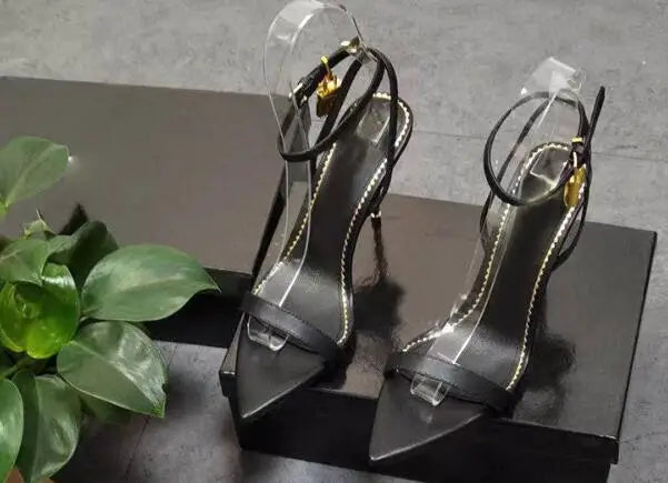Sharp Pointed Gold Lock Strappy High Heel Sandals Celebrity Shoes Demin Evening Sandal Jean Women Sandalias Femininas