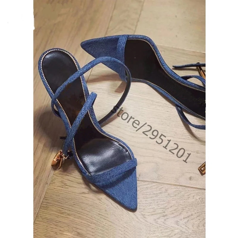 Sharp Pointed Gold Lock Strappy High Heel Sandals Celebrity Shoes Demin Evening Sandal Jean Women Sandalias Femininas