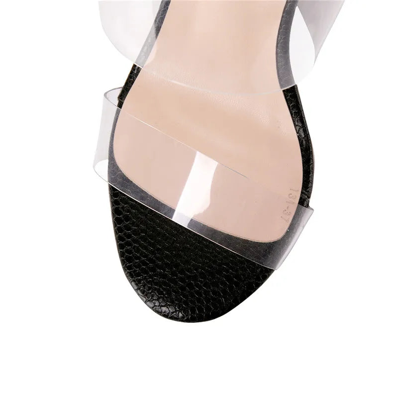 Onlymaker Women's Clear Open Toe Double Straps Chunky Heels Mules Snake Pattern High Heels Slip on Slide  Plus size Sandals
