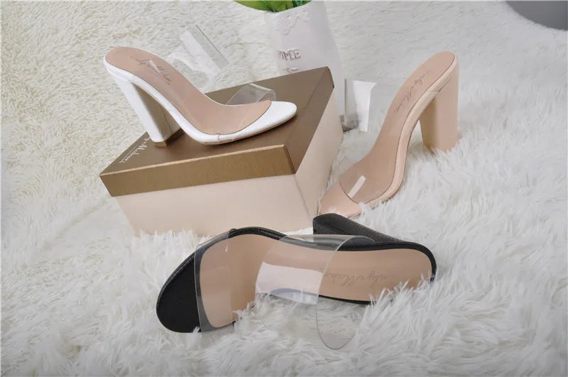 Onlymaker Women's Clear Open Toe Double Straps Chunky Heels Mules Snake Pattern High Heels Slip on Slide  Plus size Sandals