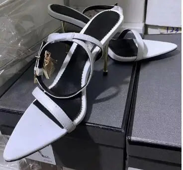 Sharp Pointed Gold Lock Strappy High Heel Sandals Celebrity Shoes Demin Evening Sandal Jean Women Sandalias Femininas