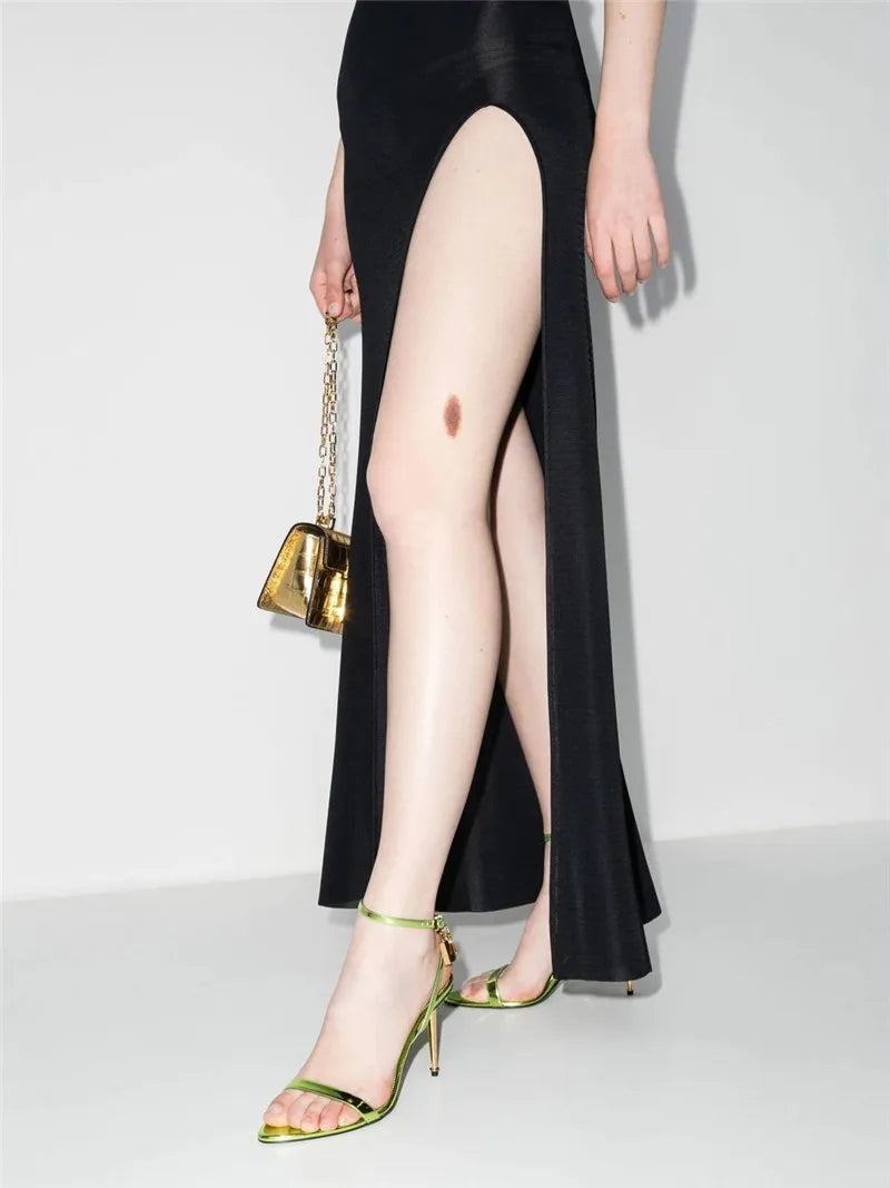 Sharp Pointed Gold Lock Strappy High Heel Sandals Celebrity Shoes Demin Evening Sandal Jean Women Sandalias Femininas