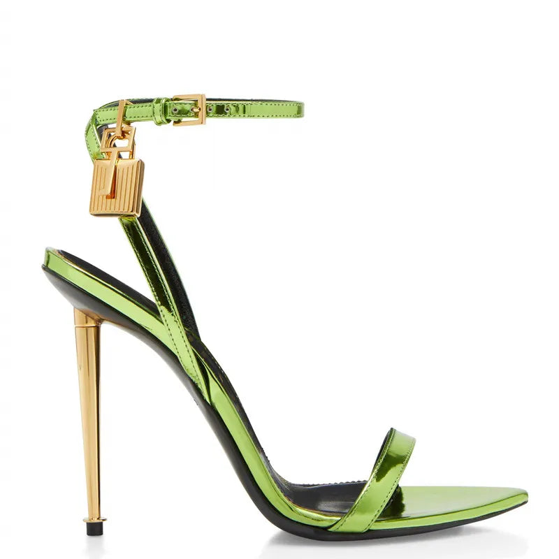 Sharp Pointed Gold Lock Strappy High Heel Sandals Celebrity Shoes Demin Evening Sandal Jean Women Sandalias Femininas