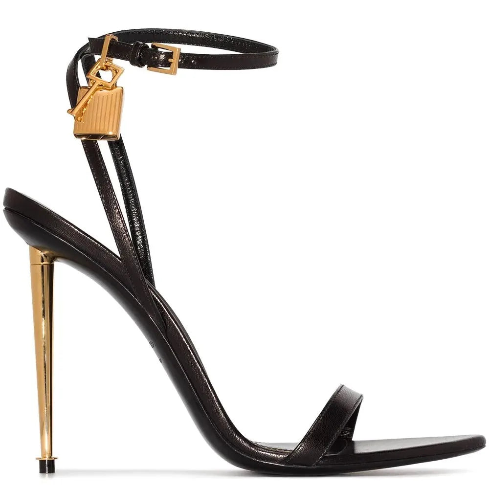 Sharp Pointed Gold Lock Strappy High Heel Sandals Celebrity Shoes Demin Evening Sandal Jean Women Sandalias Femininas