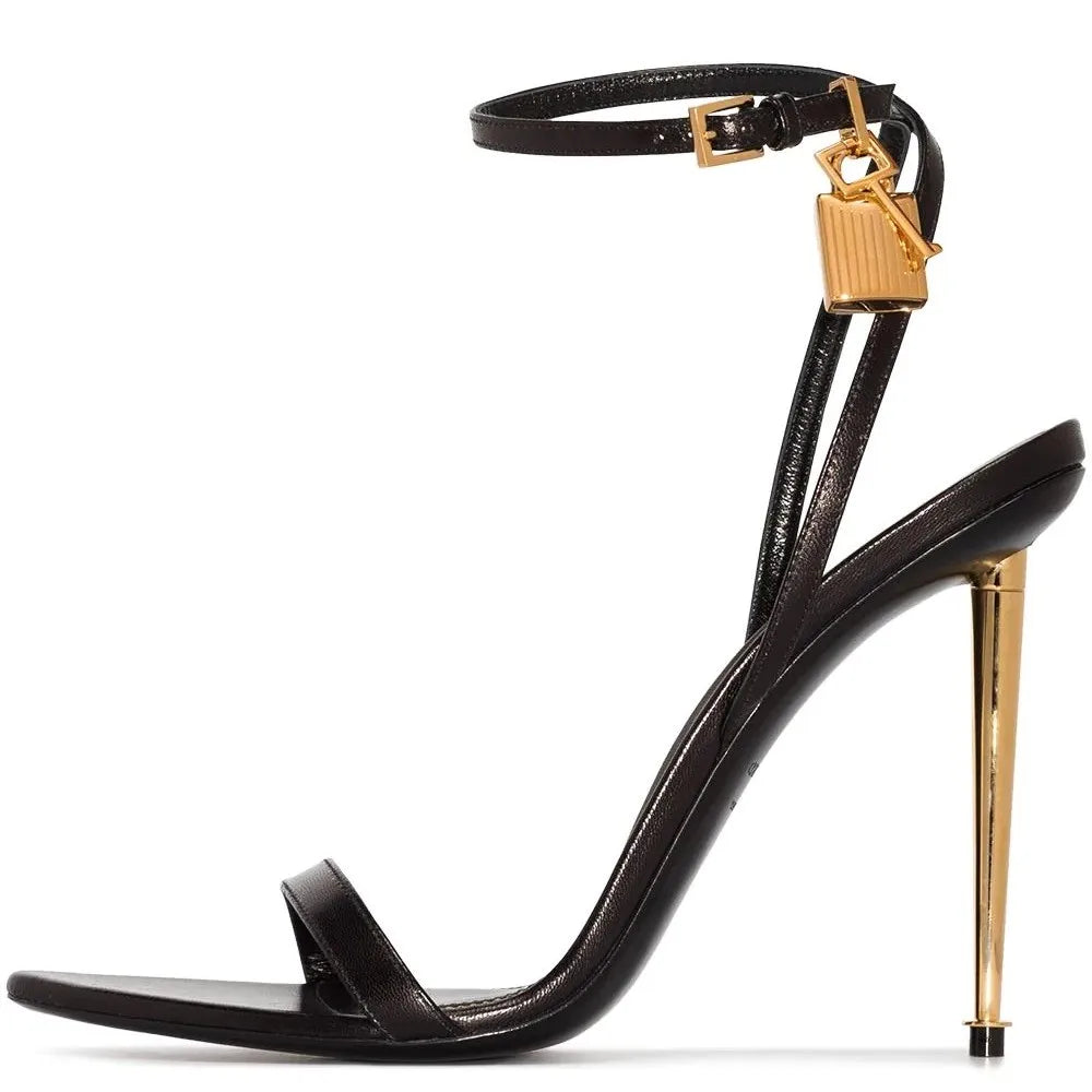 Sharp Pointed Gold Lock Strappy High Heel Sandals Celebrity Shoes Demin Evening Sandal Jean Women Sandalias Femininas