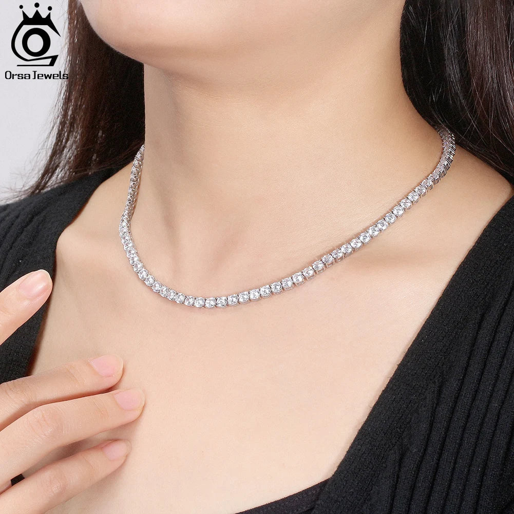 ORSA JEWELS Luxury 925 Sterling Silver 3/4mm Tennis Chain Necklace for Women Fashion Round Cubic Zirconia Necklace Jewelry SC74