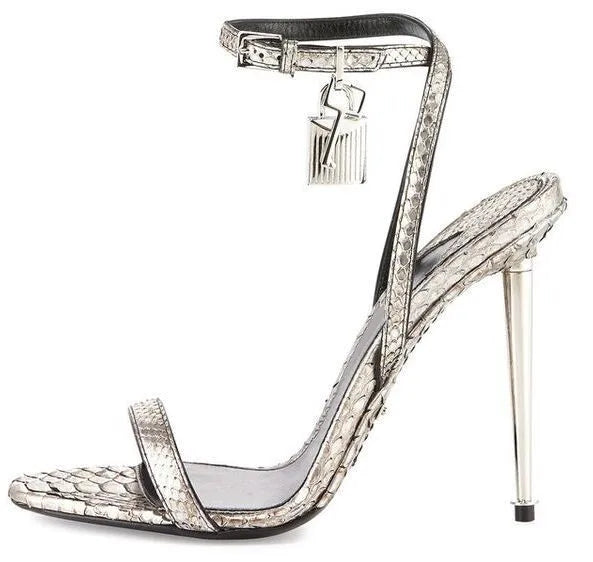 Sharp Pointed Gold Lock Strappy High Heel Sandals Celebrity Shoes Demin Evening Sandal Jean Women Sandalias Femininas