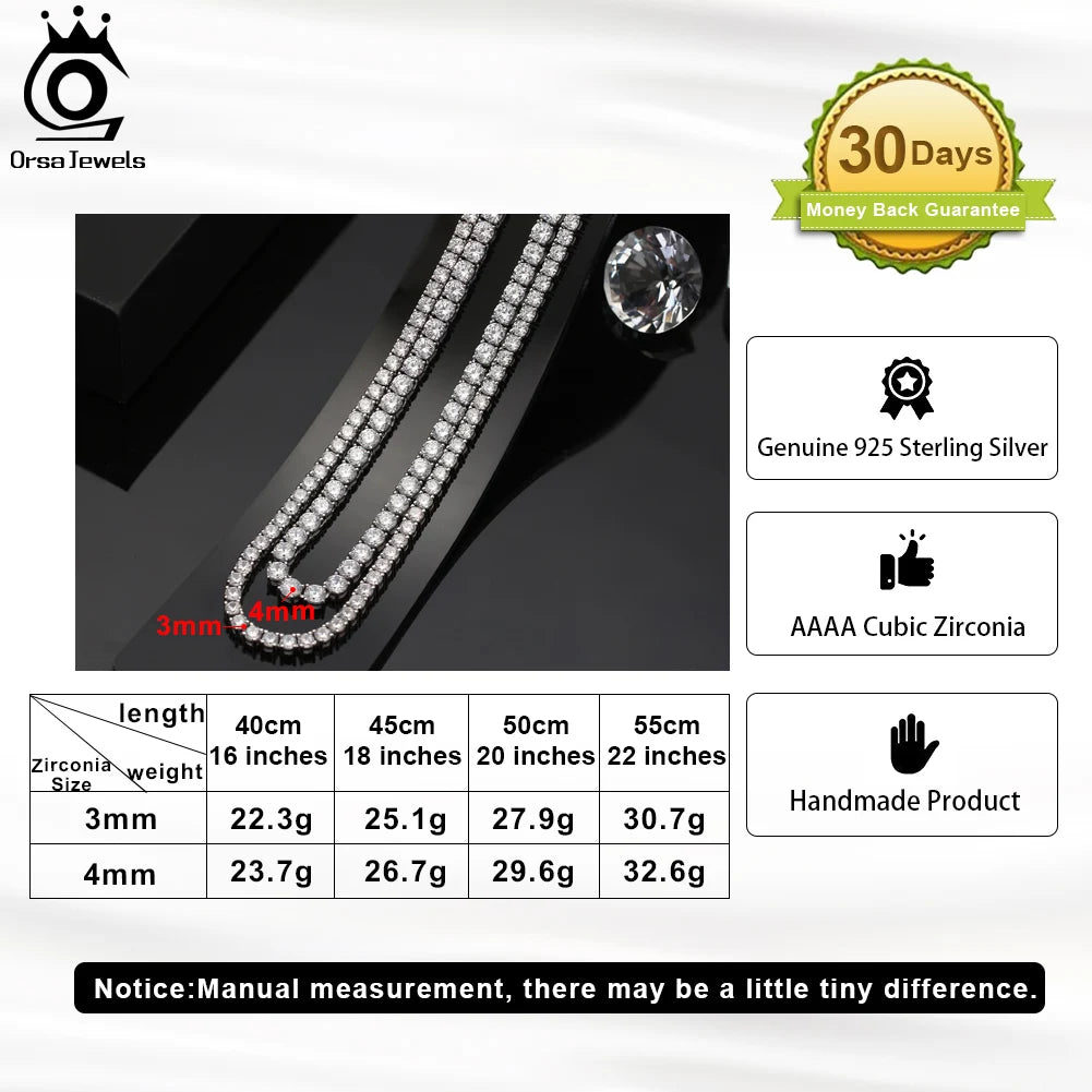 ORSA JEWELS Luxury 925 Sterling Silver 3/4mm Tennis Chain Necklace for Women Fashion Round Cubic Zirconia Necklace Jewelry SC74