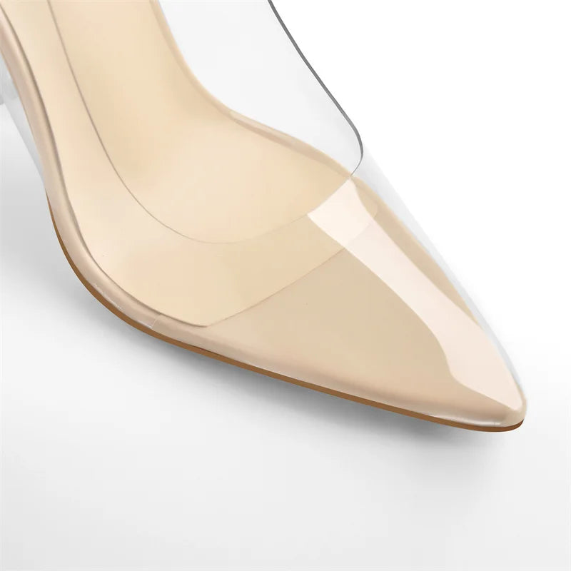 Onlymaker Women Pointed Toe Pumps PVC Clear High Heels Buckle Chunky Transparent Strip Plus Size Summer Pumps