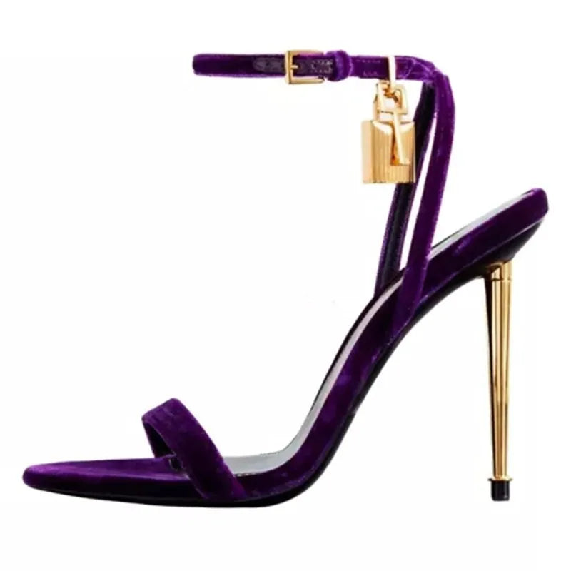 Sharp Pointed Gold Lock Strappy High Heel Sandals Celebrity Shoes Demin Evening Sandal Jean Women Sandalias Femininas