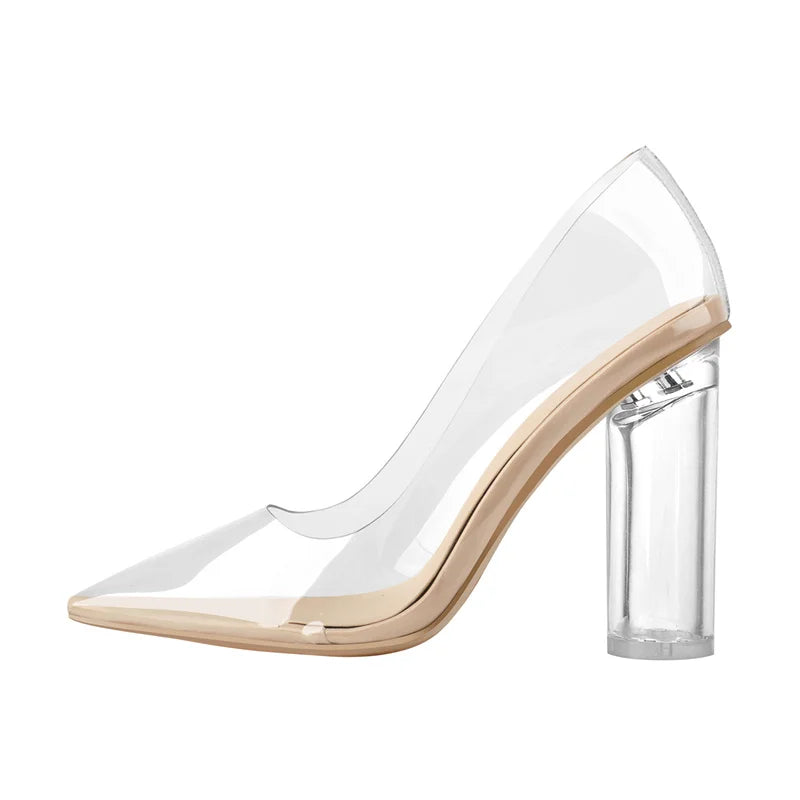 Onlymaker Women Pointed Toe Pumps PVC Clear High Heels Buckle Chunky Transparent Strip Plus Size Summer Pumps