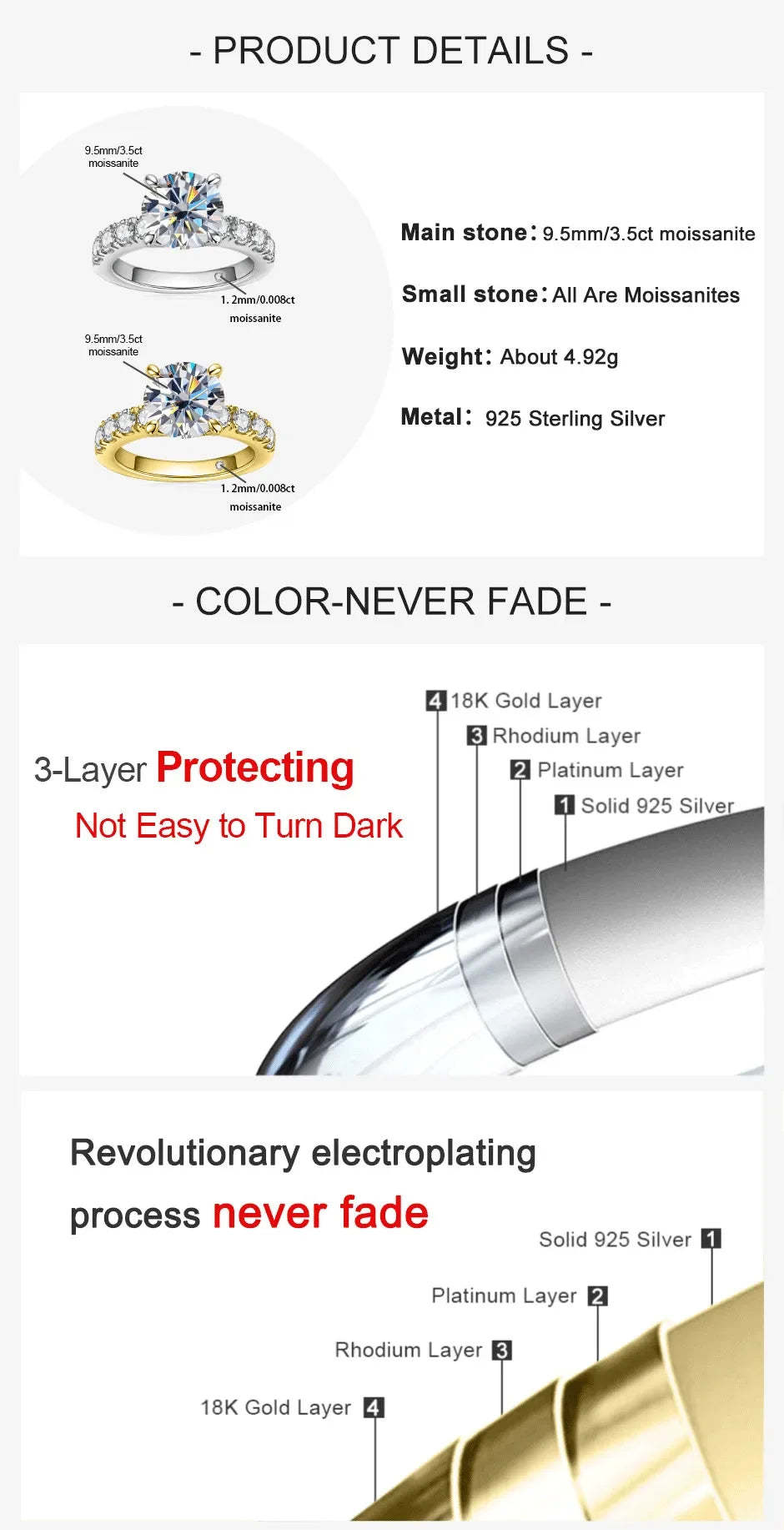 3ct D Color All Moissanite Engagement Rings 925 Sterling Silver Plated Lab Created Diamond Wedding Band Rings