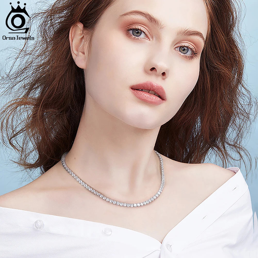 ORSA JEWELS Luxury 925 Sterling Silver 3/4mm Tennis Chain Necklace for Women Fashion Round Cubic Zirconia Necklace Jewelry SC74