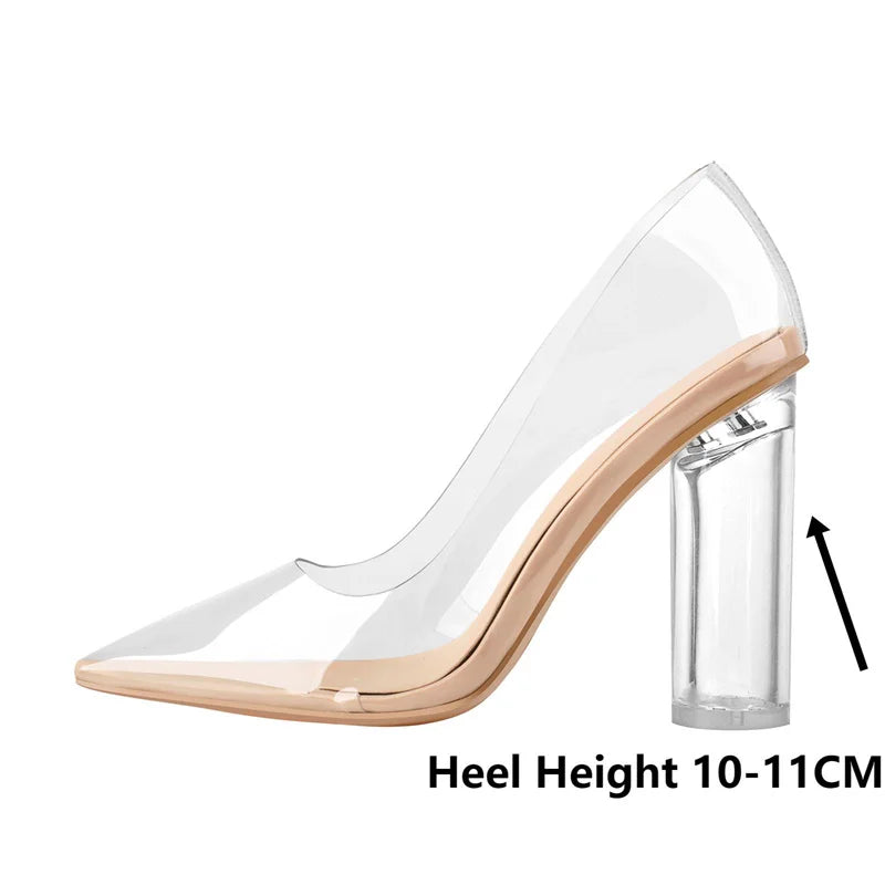 Onlymaker Women Pointed Toe Pumps PVC Clear High Heels Buckle Chunky Transparent Strip Plus Size Summer Pumps