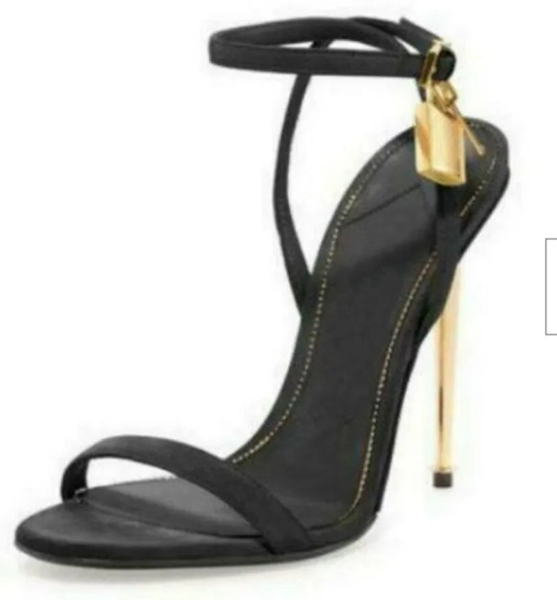 Sharp Pointed Gold Lock Strappy High Heel Sandals Celebrity Shoes Demin Evening Sandal Jean Women Sandalias Femininas