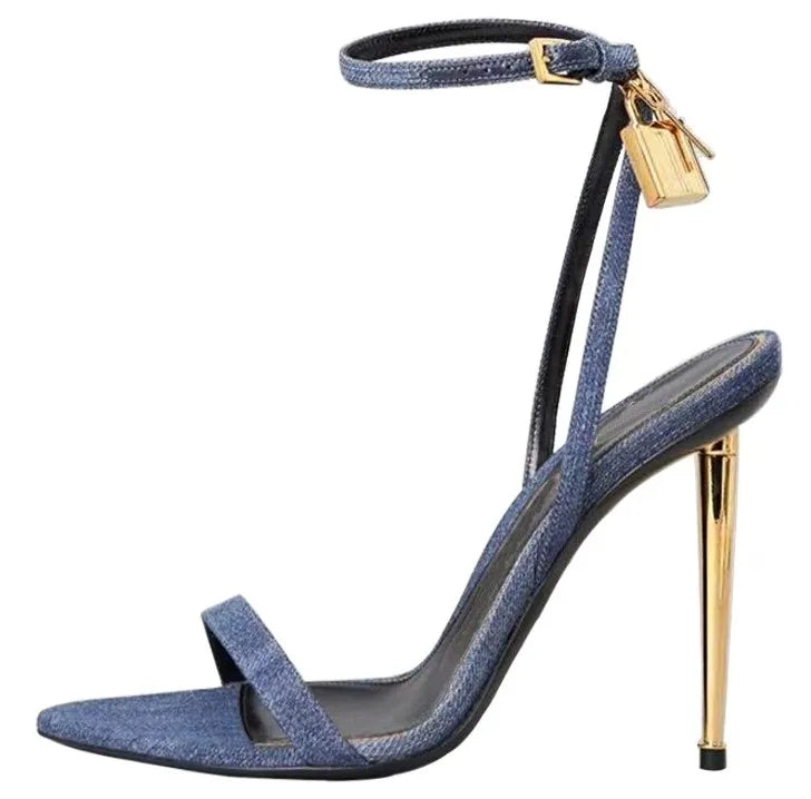 Sharp Pointed Gold Lock Strappy High Heel Sandals Celebrity Shoes Demin Evening Sandal Jean Women Sandalias Femininas