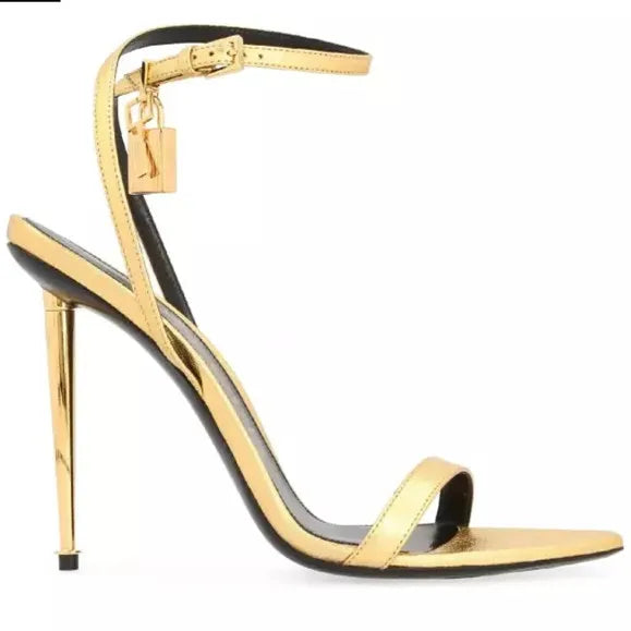 Sharp Pointed Gold Lock Strappy High Heel Sandals Celebrity Shoes Demin Evening Sandal Jean Women Sandalias Femininas