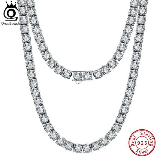 ORSA JEWELS Luxury 925 Sterling Silver 3/4mm Tennis Chain Necklace for Women Fashion Round Cubic Zirconia Necklace Jewelry SC74