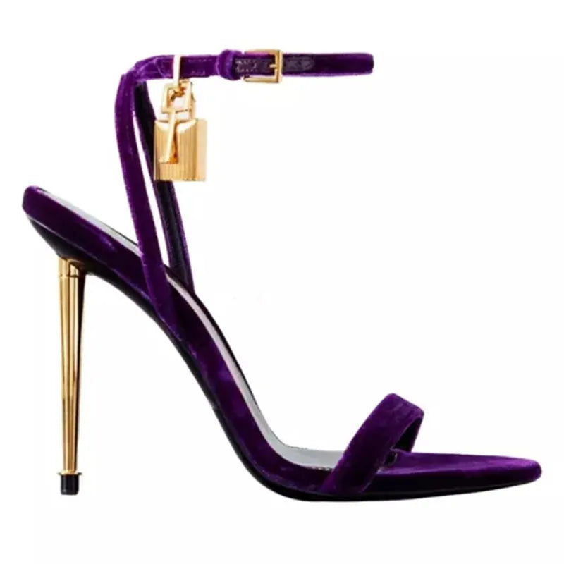 Sharp Pointed Gold Lock Strappy High Heel Sandals Celebrity Shoes Demin Evening Sandal Jean Women Sandalias Femininas