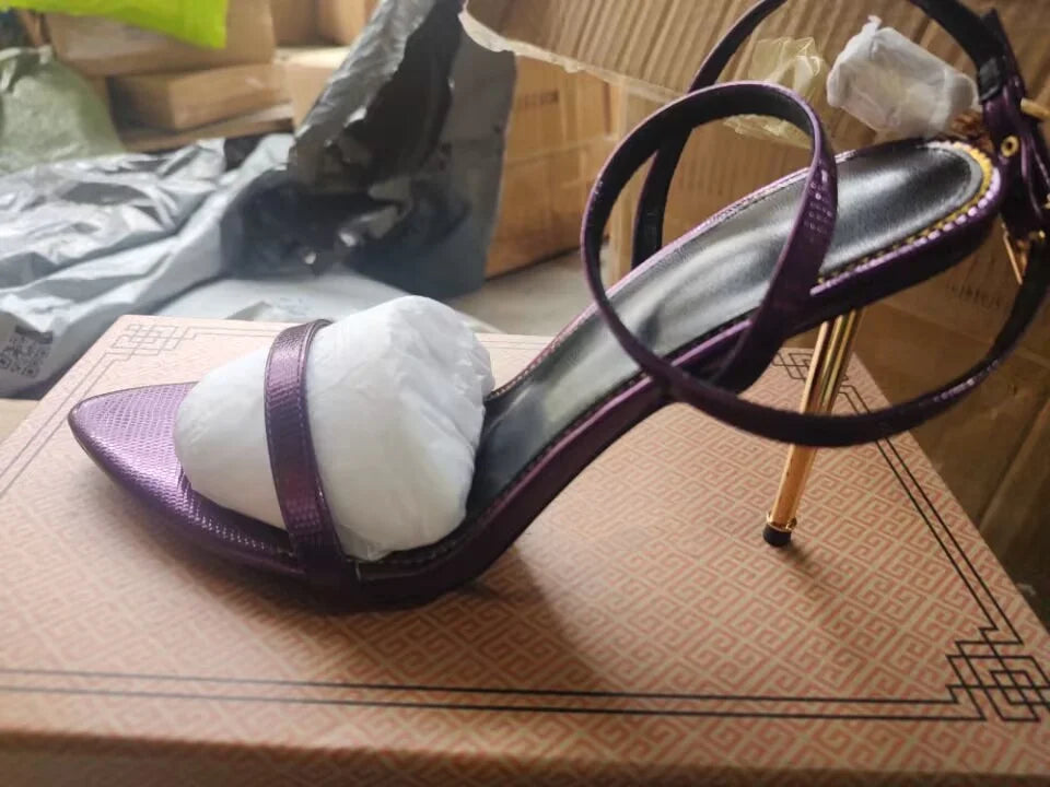 Sharp Pointed Gold Lock Strappy High Heel Sandals Celebrity Shoes Demin Evening Sandal Jean Women Sandalias Femininas
