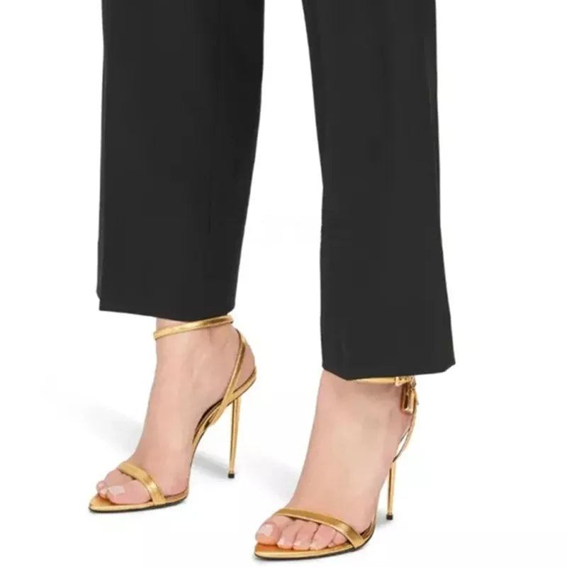 Sharp Pointed Gold Lock Strappy High Heel Sandals Celebrity Shoes Demin Evening Sandal Jean Women Sandalias Femininas