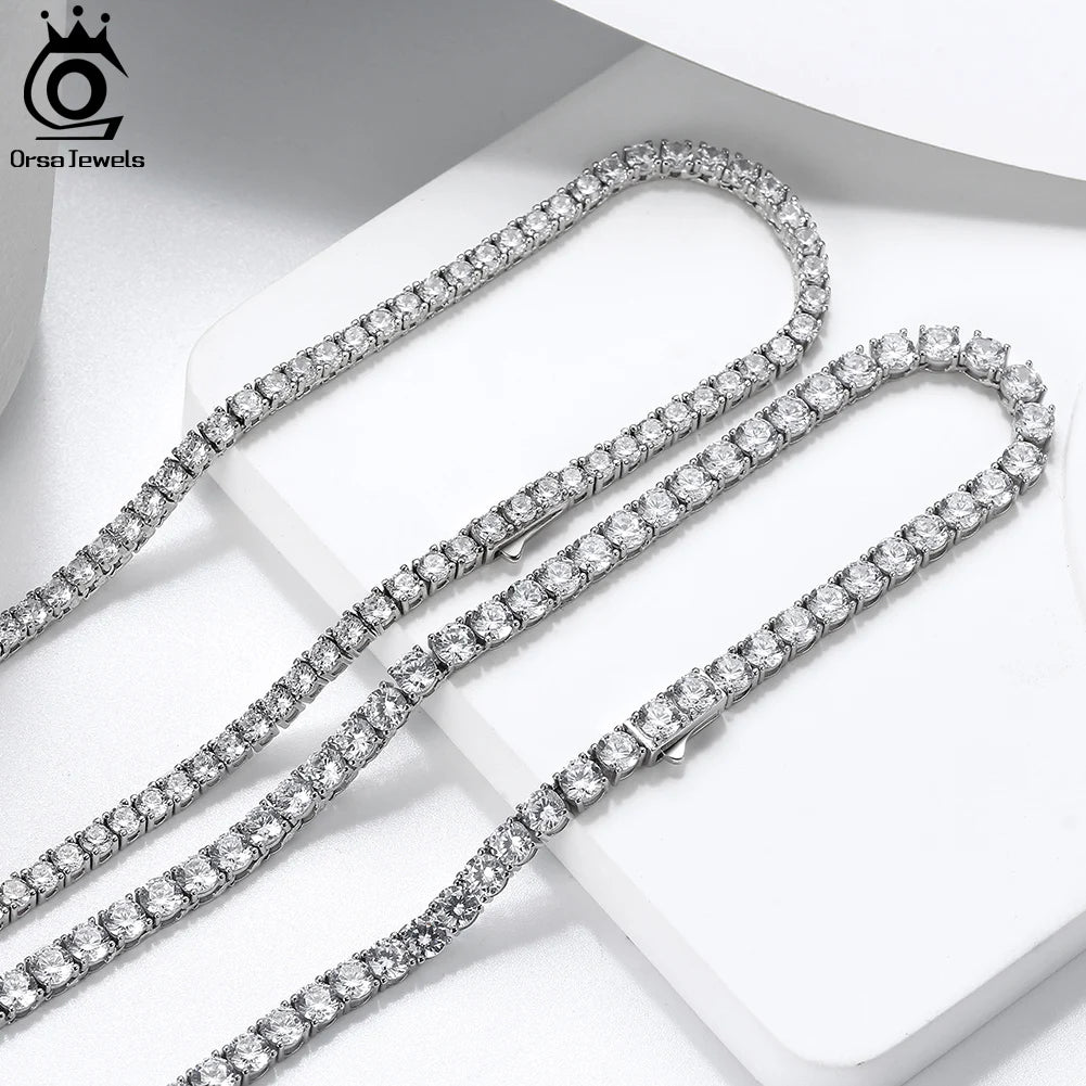ORSA JEWELS Luxury 925 Sterling Silver 3/4mm Tennis Chain Necklace for Women Fashion Round Cubic Zirconia Necklace Jewelry SC74