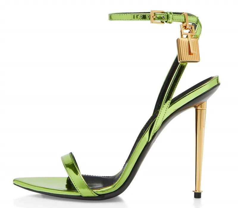 Sharp Pointed Gold Lock Strappy High Heel Sandals Celebrity Shoes Demin Evening Sandal Jean Women Sandalias Femininas