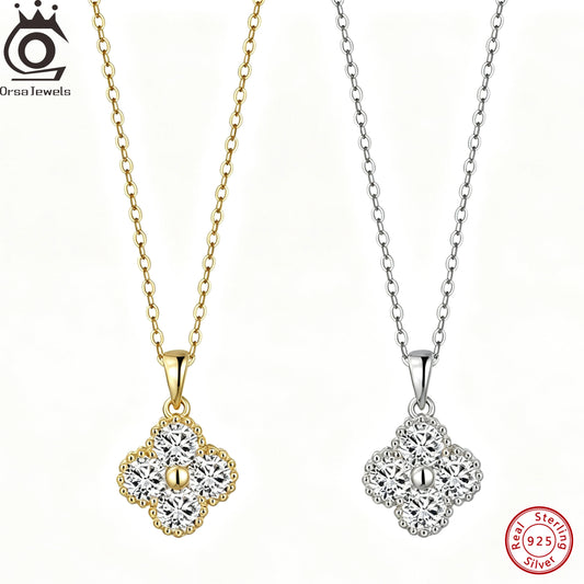 ORSA JEWELS Exquisite 925 Sterling Silver Four-leaf Clover D Color Moissanite Pendant Necklace for Women Wedding Jewelry MON14