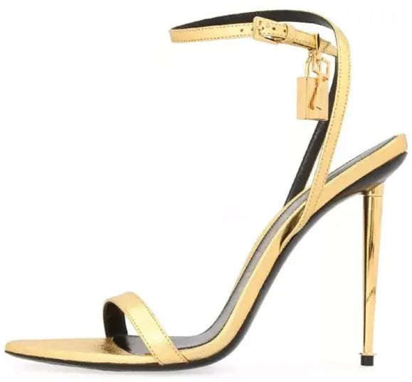 Sharp Pointed Gold Lock Strappy High Heel Sandals Celebrity Shoes Demin Evening Sandal Jean Women Sandalias Femininas