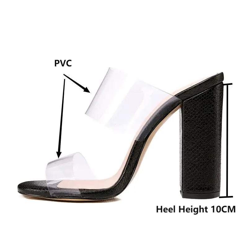 Onlymaker Women's Clear Open Toe Double Straps Chunky Heels Mules Snake Pattern High Heels Slip on Slide  Plus size Sandals
