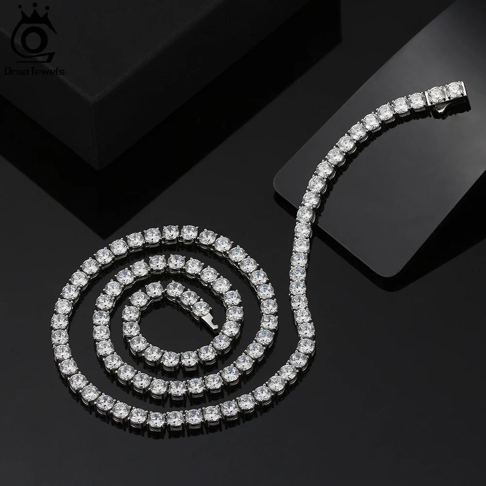ORSA JEWELS Luxury 925 Sterling Silver 3/4mm Tennis Chain Necklace for Women Fashion Round Cubic Zirconia Necklace Jewelry SC74