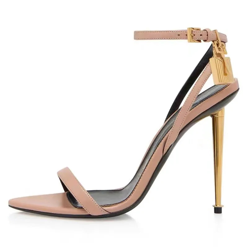 Sharp Pointed Gold Lock Strappy High Heel Sandals Celebrity Shoes Demin Evening Sandal Jean Women Sandalias Femininas