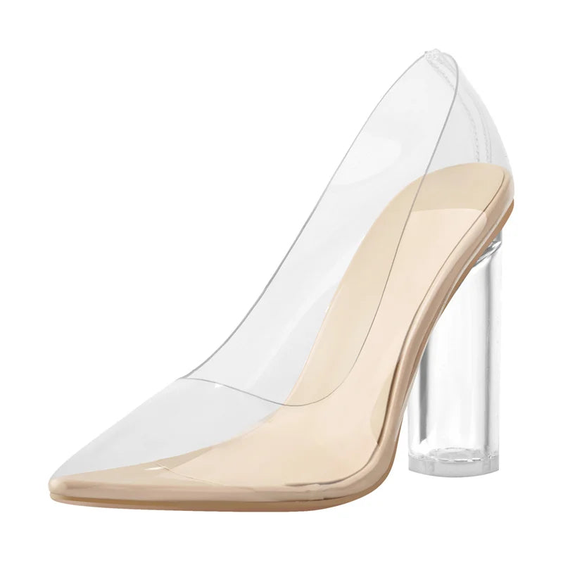 Onlymaker Women Pointed Toe Pumps PVC Clear High Heels Buckle Chunky Transparent Strip Plus Size Summer Pumps