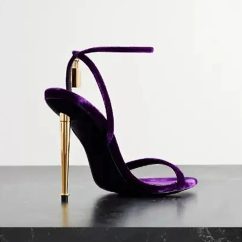 Sharp Pointed Gold Lock Strappy High Heel Sandals Celebrity Shoes Demin Evening Sandal Jean Women Sandalias Femininas