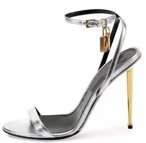Sharp Pointed Gold Lock Strappy High Heel Sandals Celebrity Shoes Demin Evening Sandal Jean Women Sandalias Femininas